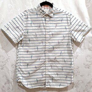 Ricky Singh Parrot Striped Button Shirt M Slim Fit Cotton Bird Boho Preppy Funky